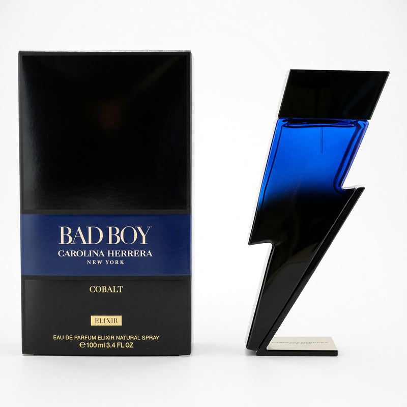 Carolina Herrera Bad Boy Cobalt Elixir 3.4oz men's EDP spray bottle with sleek dark design and silver accents.