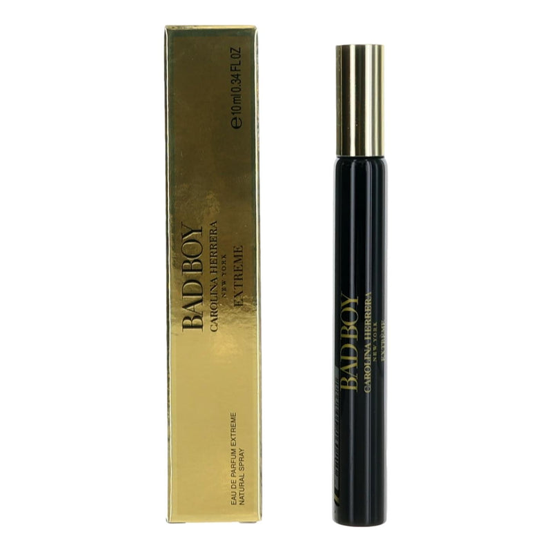 Carolina Herrera Bad Boy Extreme men's 0.34 oz EDP spray bottle with sleek black design and silver accents.