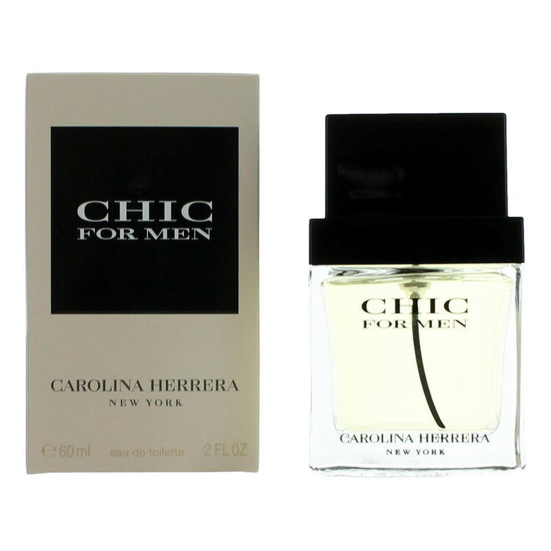 Chic by Carolina Herrera men's 2 oz EDT spray bottle with sleek packaging and silver cap, displayed on a neutral background.