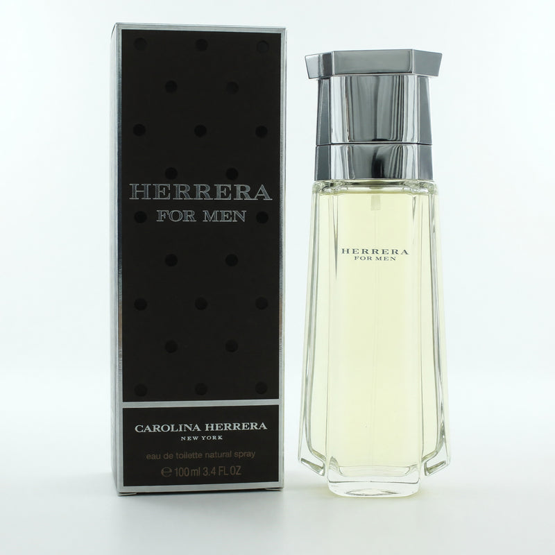 Carolina Herrera Herrera men's 3.4 oz EDT spray bottle with sleek packaging and cap, showcasing the fragrance design.