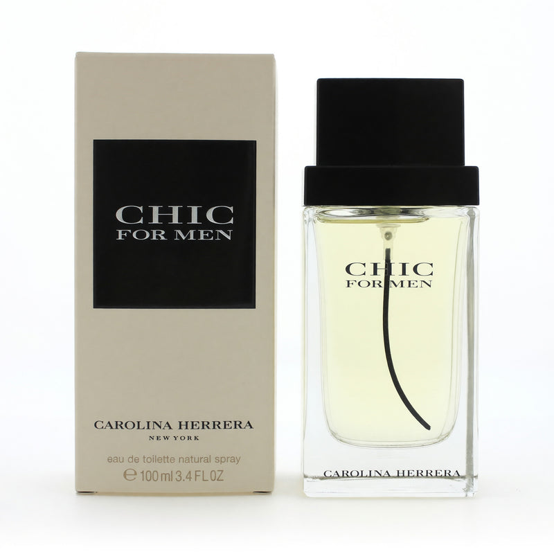 Chic by Carolina Herrera 3.4 oz men's EDT spray bottle with sleek design, showcasing the fragrance product.