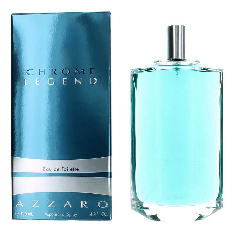 Azzaro Chrome Legend 4.2 oz men's EDT spray bottle with sleek chrome design and clear label.