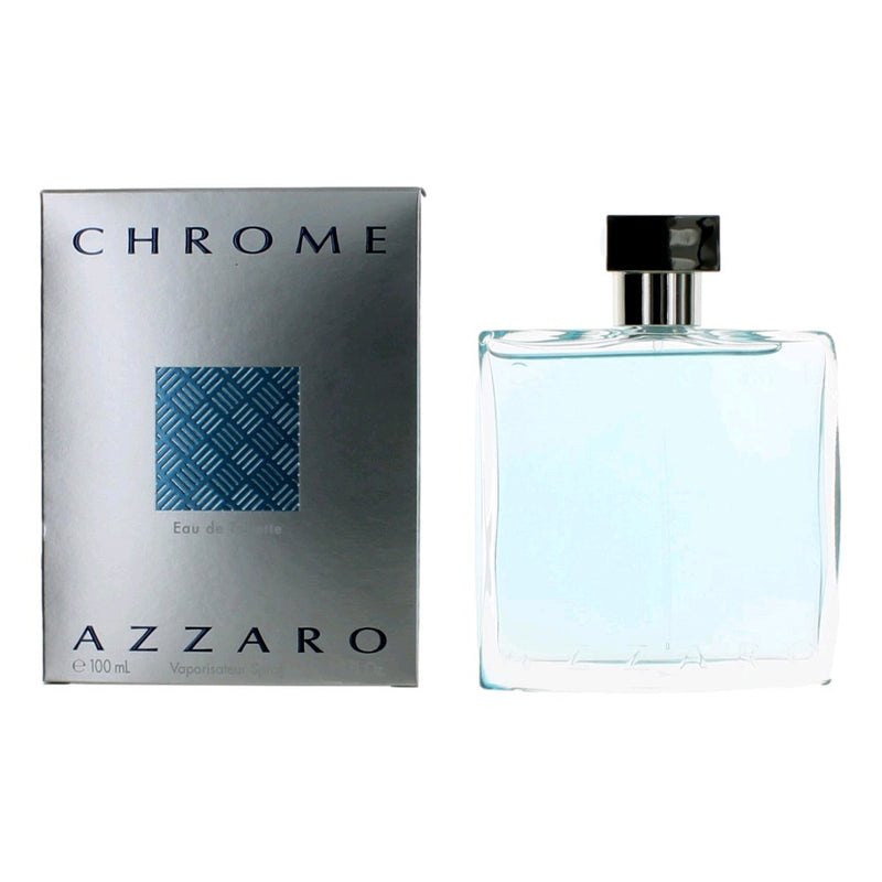 Azzaro Chrome men's 3.4 oz EDT spray bottle with sleek chrome design and clear label, placed on a neutral background.