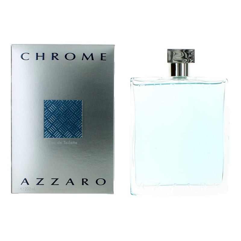 Azzaro Chrome men's 6.7 oz EDT spray bottle with sleek chrome design and clear cap, ready for use.