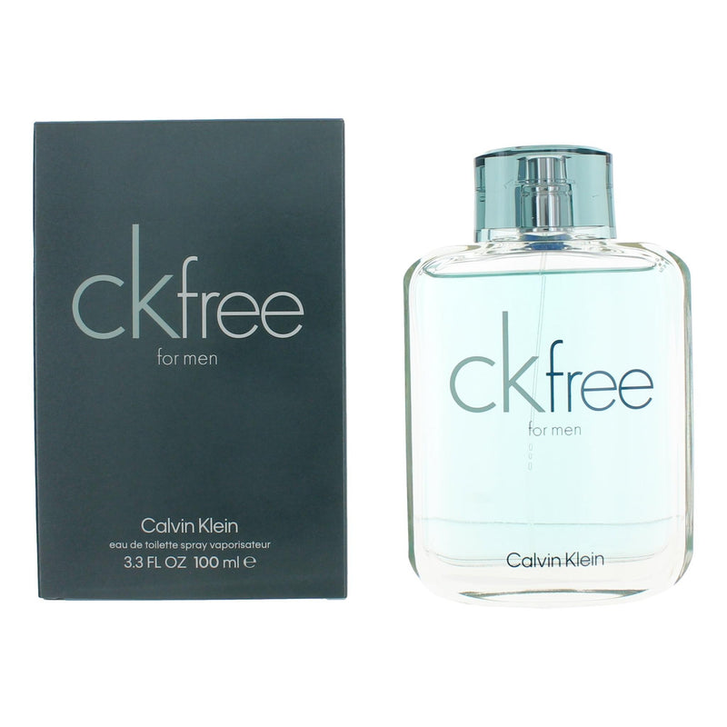 Calvin Klein CK Free 3.3 oz men's EDT spray bottle, sleek design with black and silver accents.