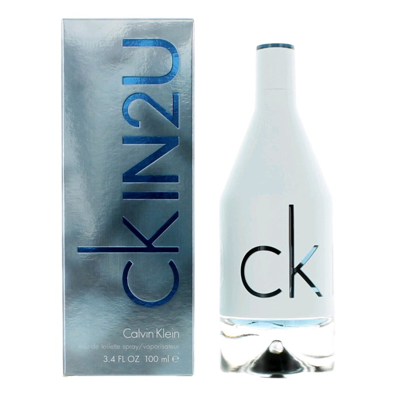 Calvin Klein CK IN2U men's 3.4 oz EDT spray bottle, sleek packaging, designed for modern, stylish men.
