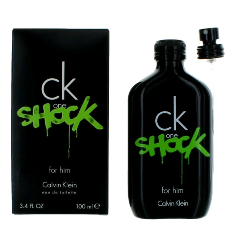 Calvin Klein CK One Shock men's 3.4 oz EDT spray bottle with sleek packaging.