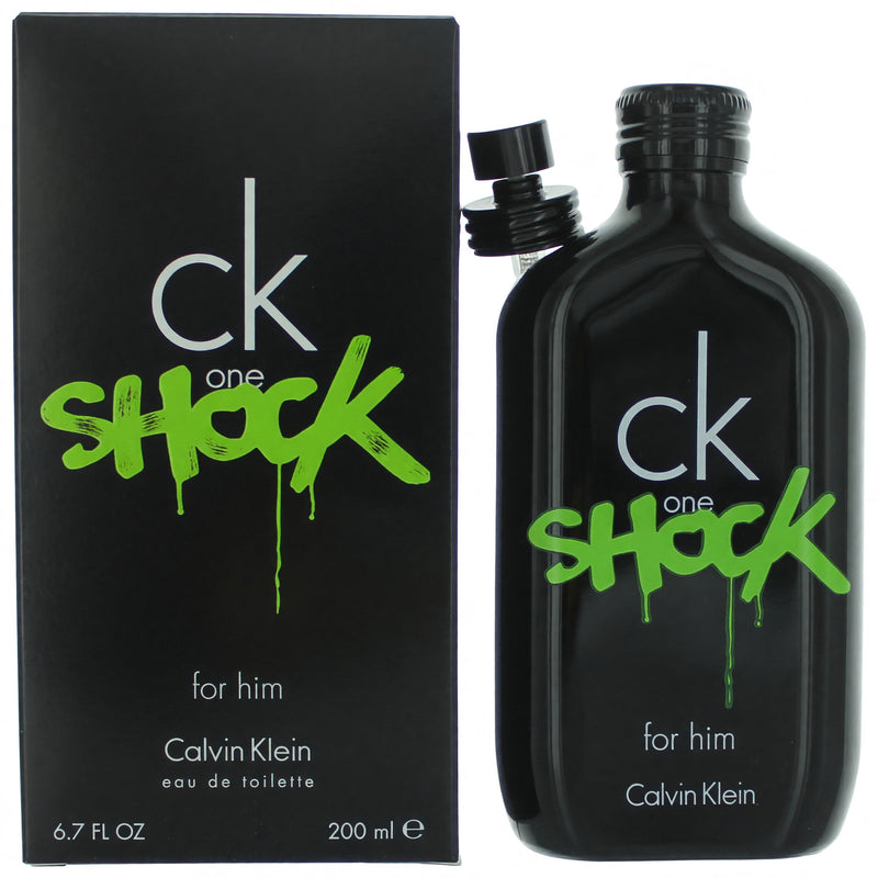 Calvin Klein CK One Shock 6.7 oz men's EDT spray bottle with sleek design and branding visible.