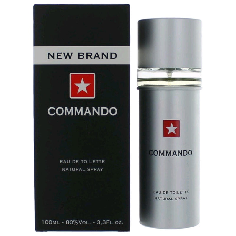New Brand Commando 3.3 oz men's EDT spray bottle, sleek packaging with spray nozzle, designed for fresh, masculine scent.