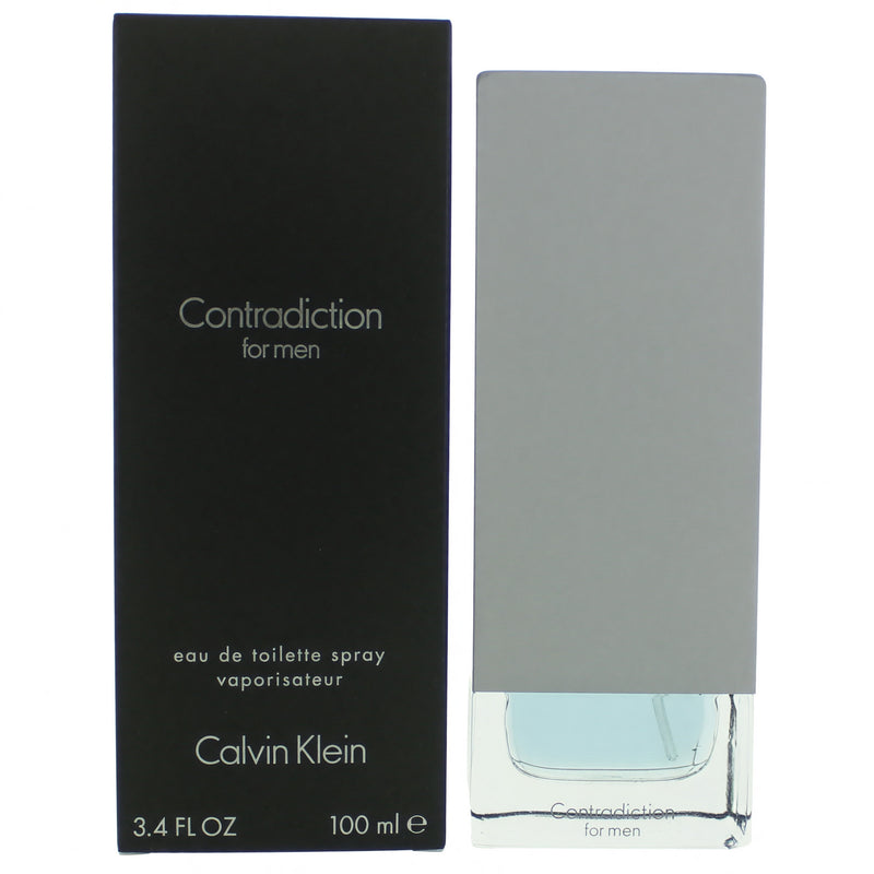 Calvin Klein Contradiction 3.4 oz men's EDT spray bottle with sleek design and clear label.