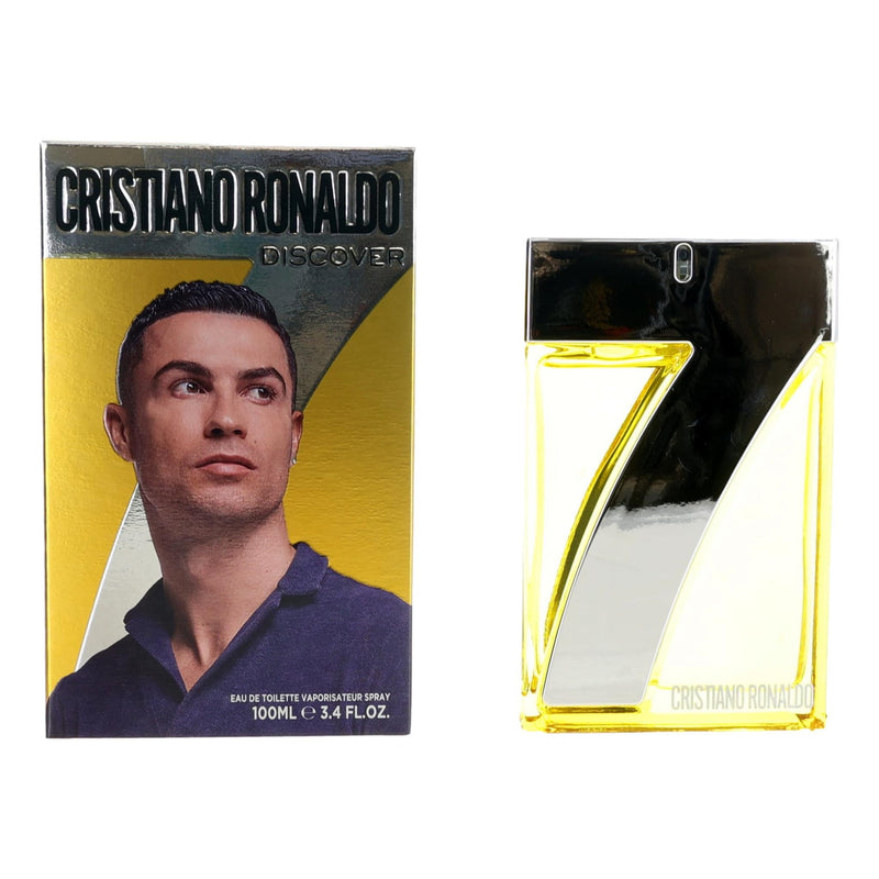 Cristiano Ronaldo CR7 Discover 3.4 oz men's EDT spray bottle with sleek packaging and Cristiano Ronaldo branding.