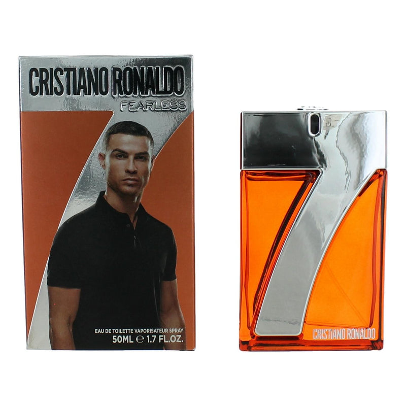 Cristiano Ronaldo CR7 Fearless 1.7 oz men's EDT spray bottle with sleek packaging and brand logo visible.