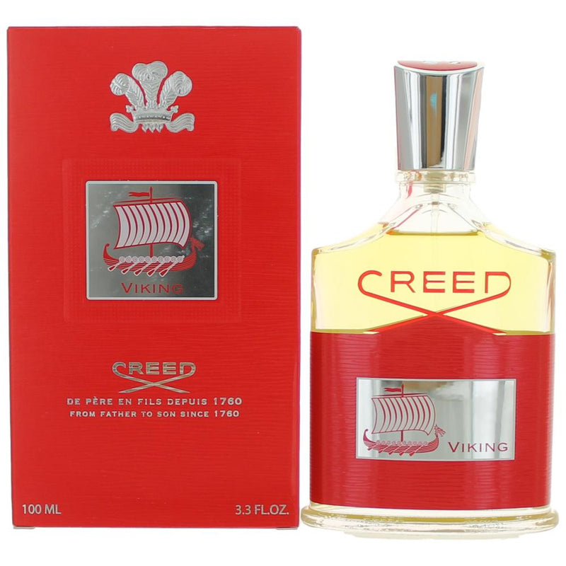 Creed Viking Millesime EDP spray for men, 3.3 oz, featuring the sleek bottle with the brand logo and elegant design.