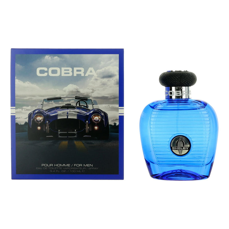 Cobra Blue by Carroll Shelby 3.4 oz men's EDT spray bottle with sleek blue packaging and silver cap.