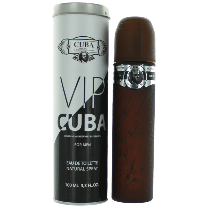 Cuba VIP by Cuba men's 3.4 oz EDT spray bottle with sleek design and silver cap, displayed against a neutral background.