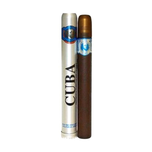 Cuba Blue by Cuba men's 1.17 oz EDT spray bottle with blue and silver packaging, showcasing the fragrance container.