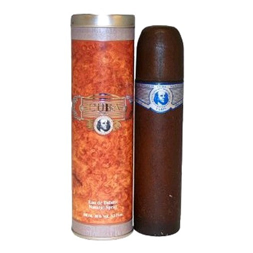 Cuba Blue men's 3.3 oz EDT spray bottle with sleek blue packaging, featuring the Cuba brand logo and a modern design.