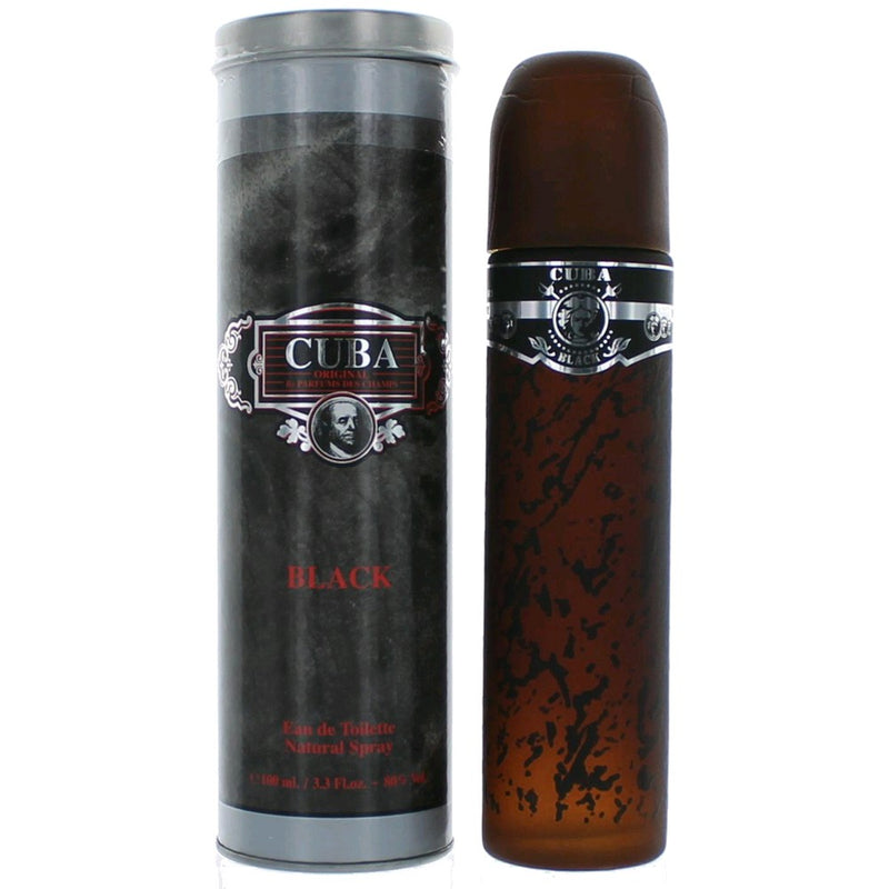 Cuba Black men's 3.3 oz EDT spray bottle with black cap and sleek black packaging, designed for a sophisticated fragrance.