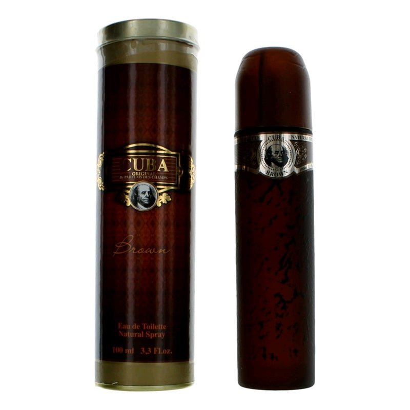 Cuba Brown men's 3.3 oz EDT spray bottle with sleek design and label, showcasing the Cuba fragrance for men.