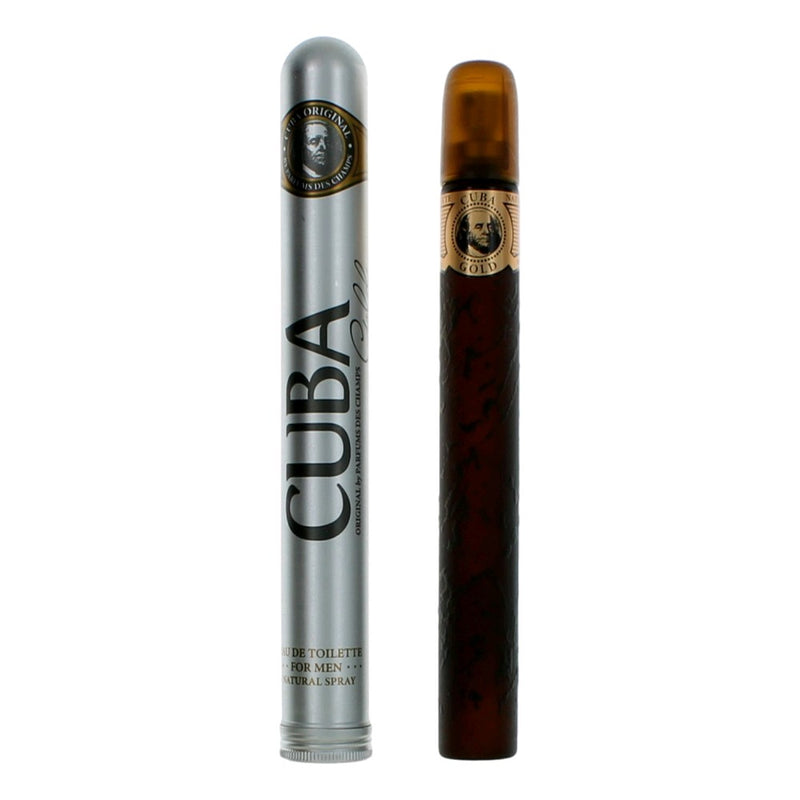 Cuba Gold men's 1.17 oz EDT spray bottle with gold and black packaging, featuring a sleek design and fragrance label.