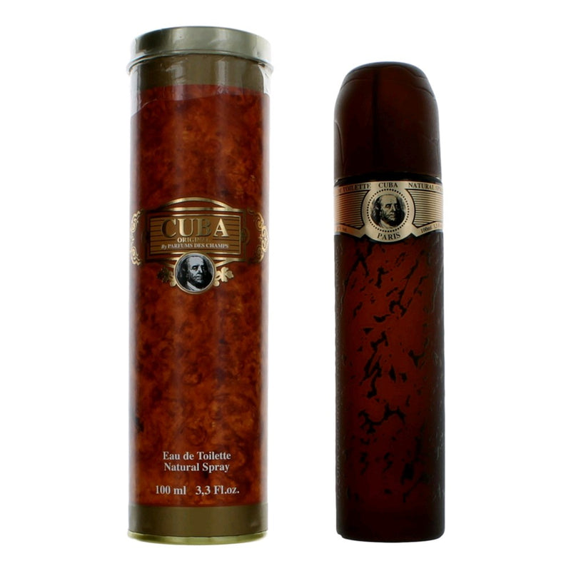 Cuba Gold men’s 3.3 oz EDT spray bottle with gold and black packaging, featuring a sleek design and Cuba branding.