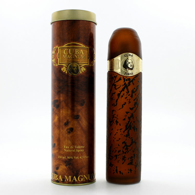 Cuba Magnum Gold men’s 4.2 oz EDT spray bottle with gold accents, stylish design, and branding visible on the packaging.