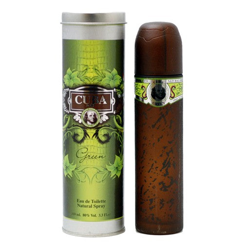 Cuba Green men's 3.3 oz EDT spray bottle with green and silver packaging, showcasing the Cuba brand fragrance for men