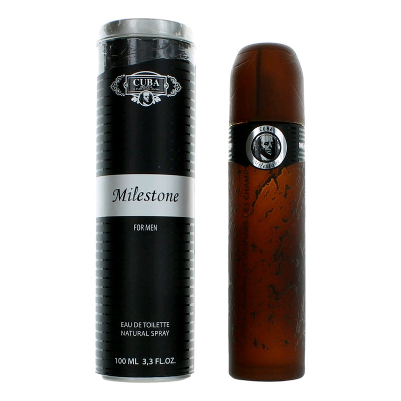 Cuba Milestone 3.3 oz men's EDT spray bottle with sleek design and silver cap, showcasing the Cuba fragrance for men.
