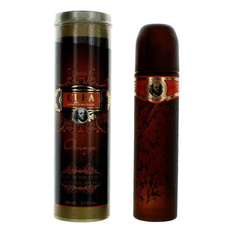 Cuba Orange 3.3 oz men's EDT spray bottle with orange and black packaging, featuring a vibrant design and the Cuba brand logo.