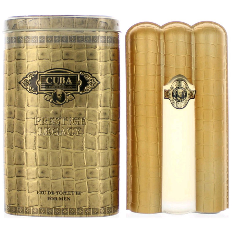 Cuba Prestige Legacy men's 3 oz EDT spray bottle with sleek design and black cap, positioned upright.