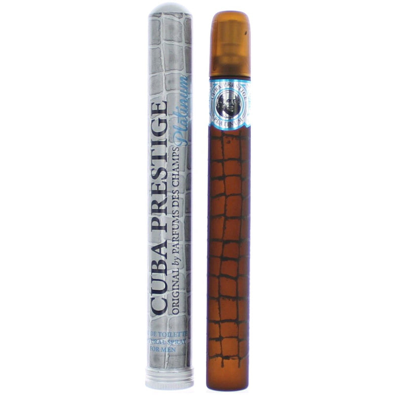Cuba Prestige Platinum men's 1.17 oz EDT spray bottle with silver cap and sleek design, representing the Cuba fragrance collection