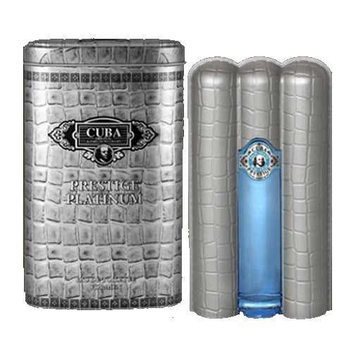 Cuba Prestige Platinum men's 3 oz EDT spray bottle, sleek silver packaging, showcasing the fragrance for men by Cuba.