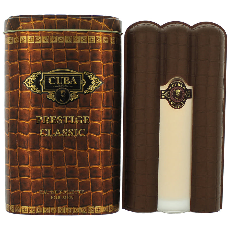 Cuba Prestige Classic 3 oz men's EDT spray bottle with stylish packaging, featuring a sleek design and gold accents.