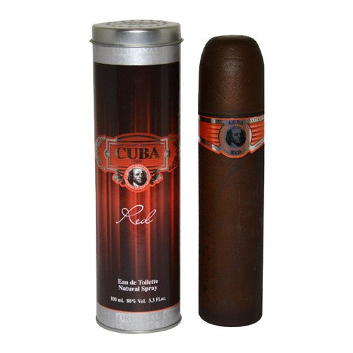 Cuba Red by Cuba men's 3.3 oz EDT spray bottle with red and gold packaging, featuring a sleek, cylindrical design.