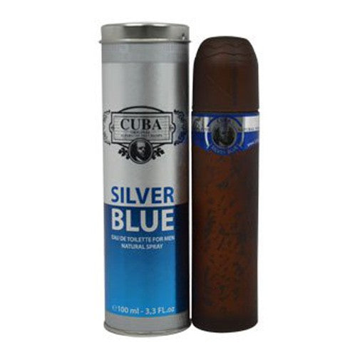 Cuba Silver Blue men's 3.3 oz EDT spray bottle with sleek silver and blue design.