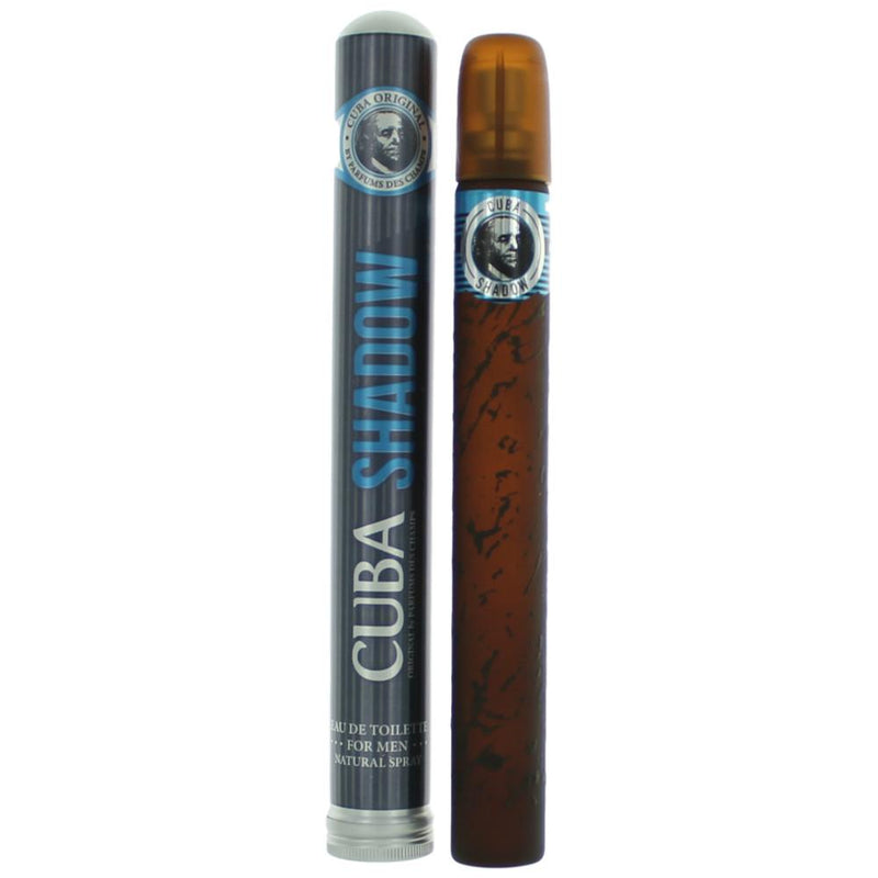 Cuba Shadow men's EDT spray bottle, 1.17 oz, with dark packaging and silver cap, displayed on a neutral background.