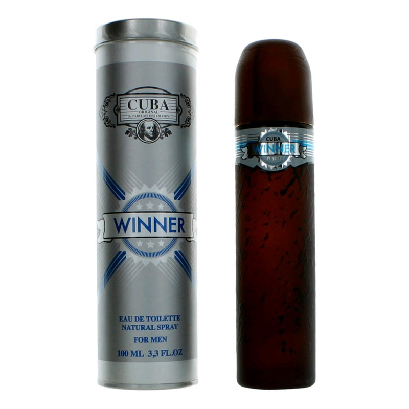 Cuba Winner men's 3.3 oz EDT spray bottle with sleek design and Cuban branding, displayed on a neutral background.