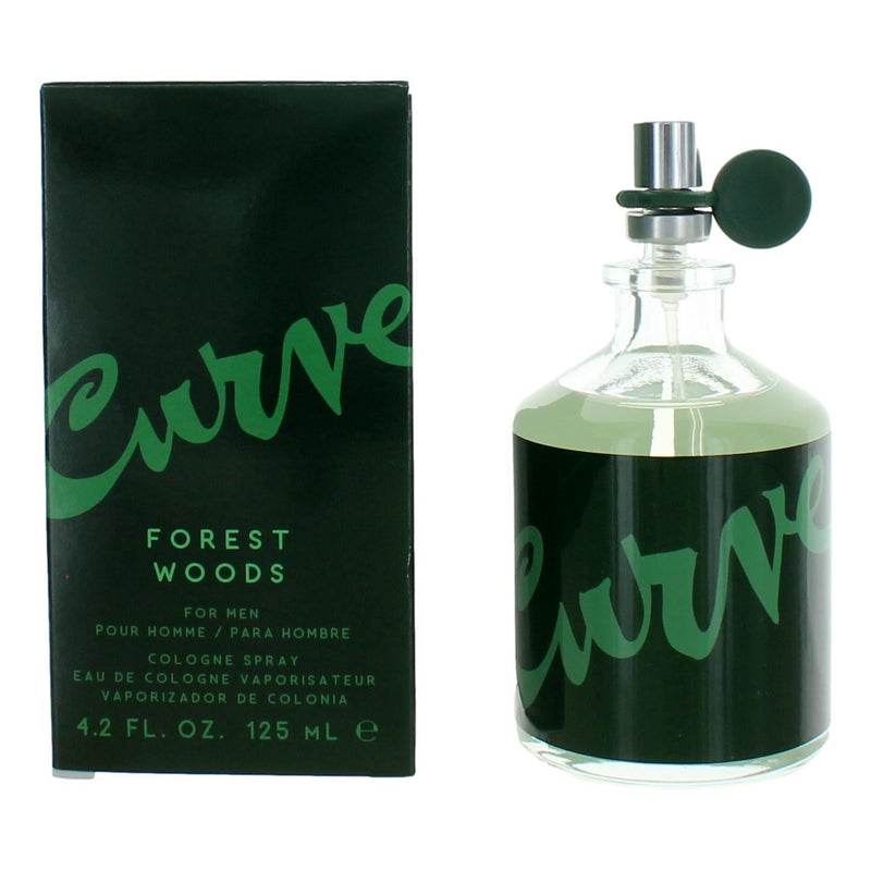 Liz Claiborne Curve Forest Woods 4.2 oz men's EDT spray bottle with forest-themed design and sleek packaging.