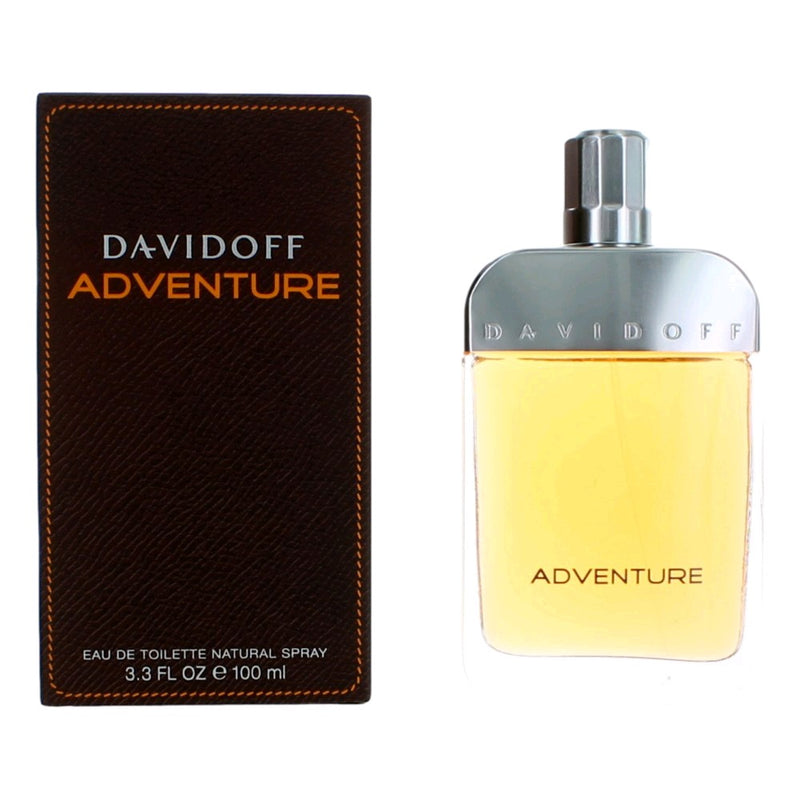 Davidoff Adventure 3.3 oz men's EDT spray bottle with sleek packaging and logo visible.
