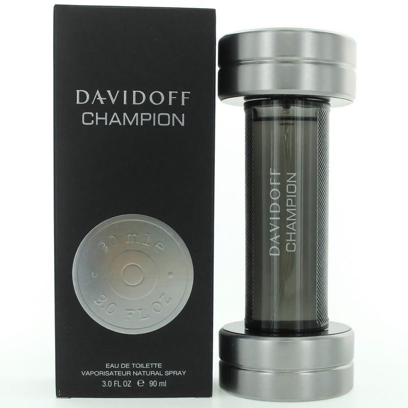 Davidoff Champion men's 3 oz EDT spray bottle with sleek design and silver cap, suitable for everyday wear.
