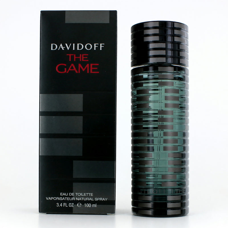 Davidoff The Game 3.4 oz men's EDT spray bottle, sleek packaging, and branding visible on the physical product.