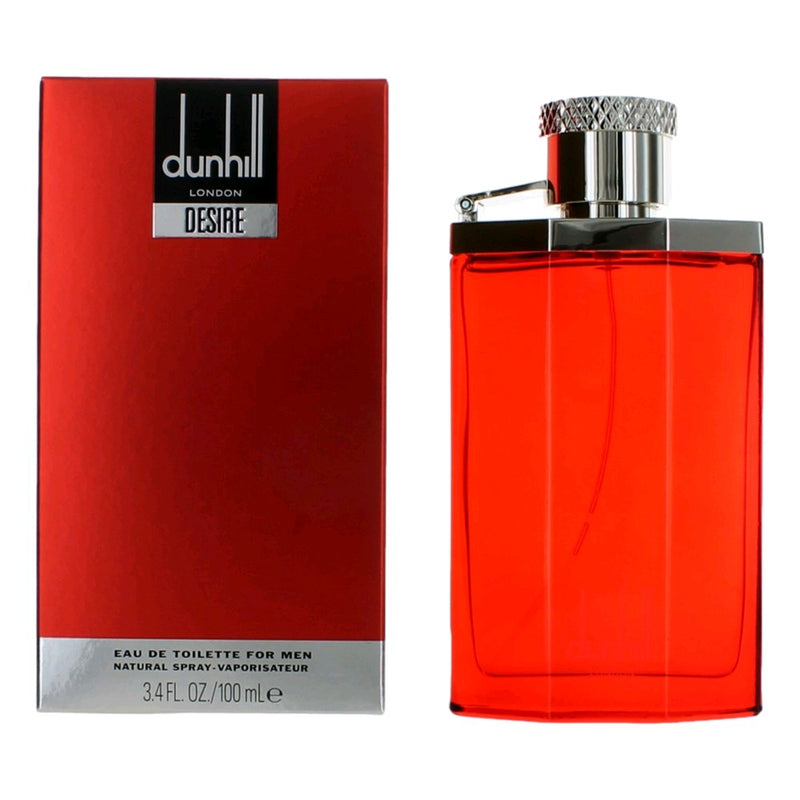 Alfred Dunhill Desire men's 3.4 oz EDT spray bottle with sleek packaging and clear branding visible.
