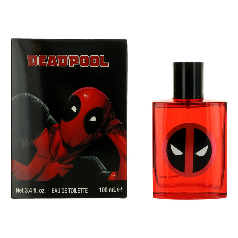 Deadpool Marvel 3.4 oz EDT spray for kids by Air-Val International, featuring a colorful Deadpool-themed design on the bottle.