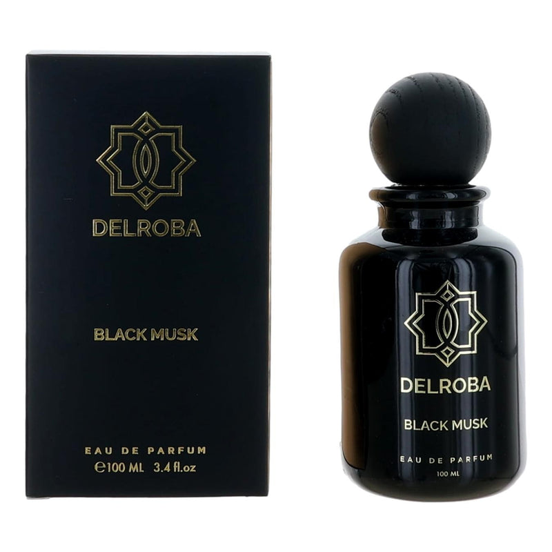 Delroba Black Musk men's 3.4 oz EDP spray bottle, sleek black design, showcasing the fragrance's elegant packaging.