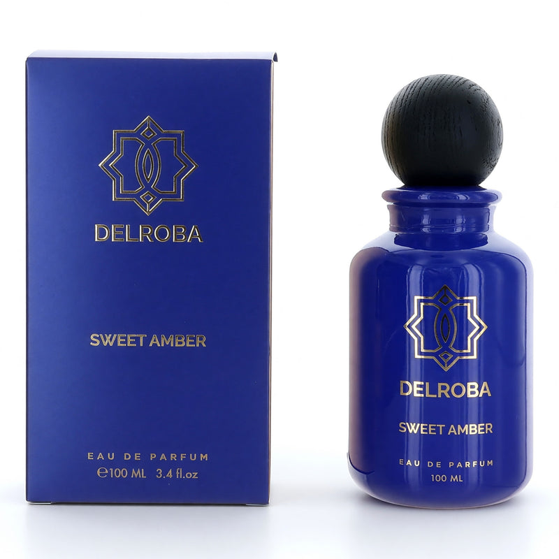 Delroba Sweet Amber 3.4 oz men's EDP spray bottle, showcasing the sleek packaging and amber-colored liquid.