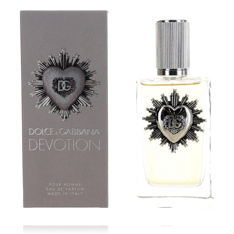 Dolce & Gabbana Devotion 3.4 oz men's EDP spray bottle with dark, sleek packaging and gold accents.