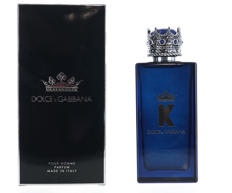Dolce & Gabbana K men’s 3.4 oz parfum spray bottle with sleek packaging and modern design.