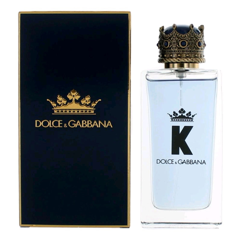 Dolce & Gabbana K men's 3.4 oz EDT spray bottle with sleek packaging and branding visible in the image.