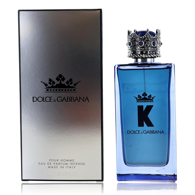 Dolce & Gabbana K men's 3.3 oz EDP Intense Spray, elegant bottle with sleek black design and silver accents.