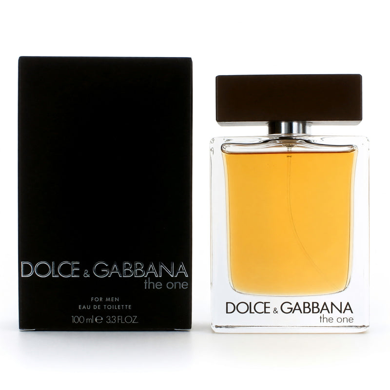 Dolce & Gabbana The One men's 3.3 oz EDT spray bottle with sleek packaging and branding.